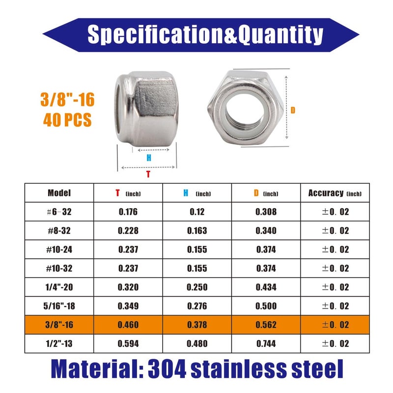 STORMCUBE 3/8"-16 Nylon Insert Hex Lock Nuts 40 Pack 304 Stainless Steel Self-Locking Nylon Lock Nuts Plain Finish for Industrial Construction Fasteners - Image 2